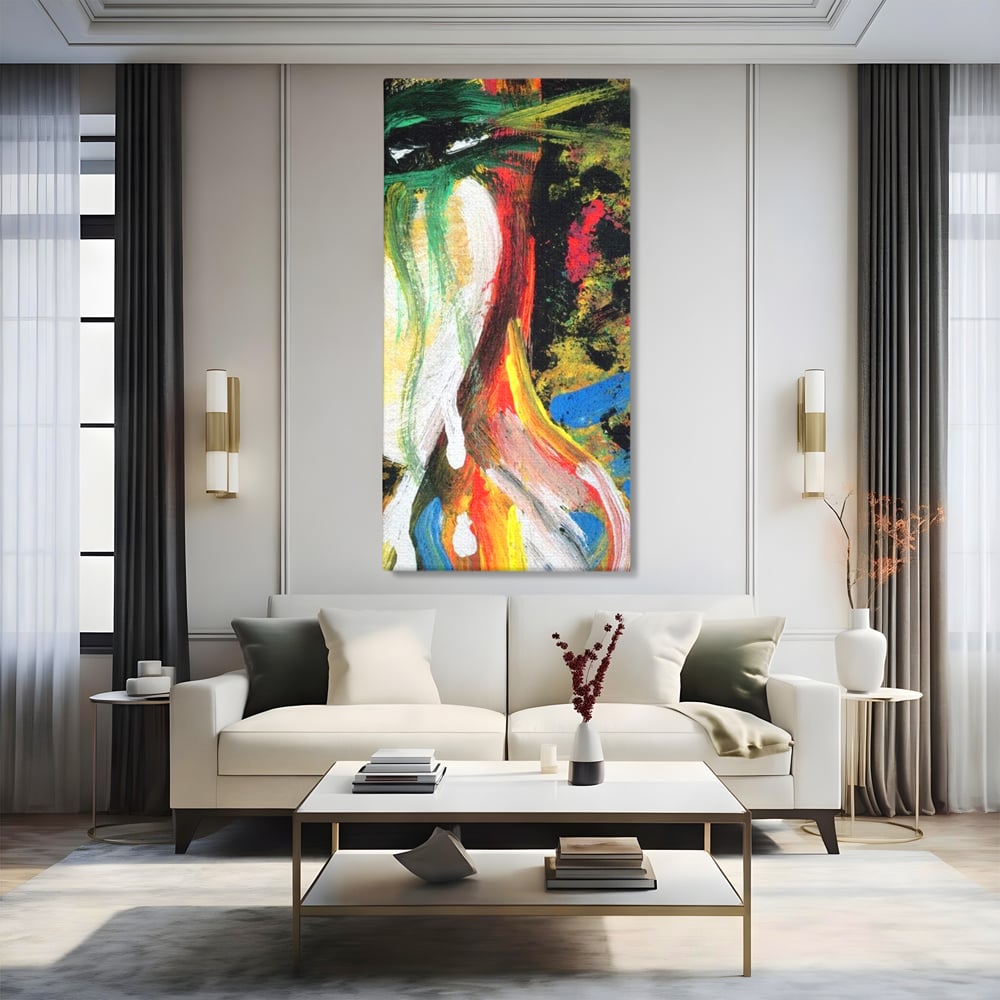 Tablou canvas cu pictura abstracta cu portret si lacrimi, fara rama, pe sasiu de lemn, pe perete intr-un living